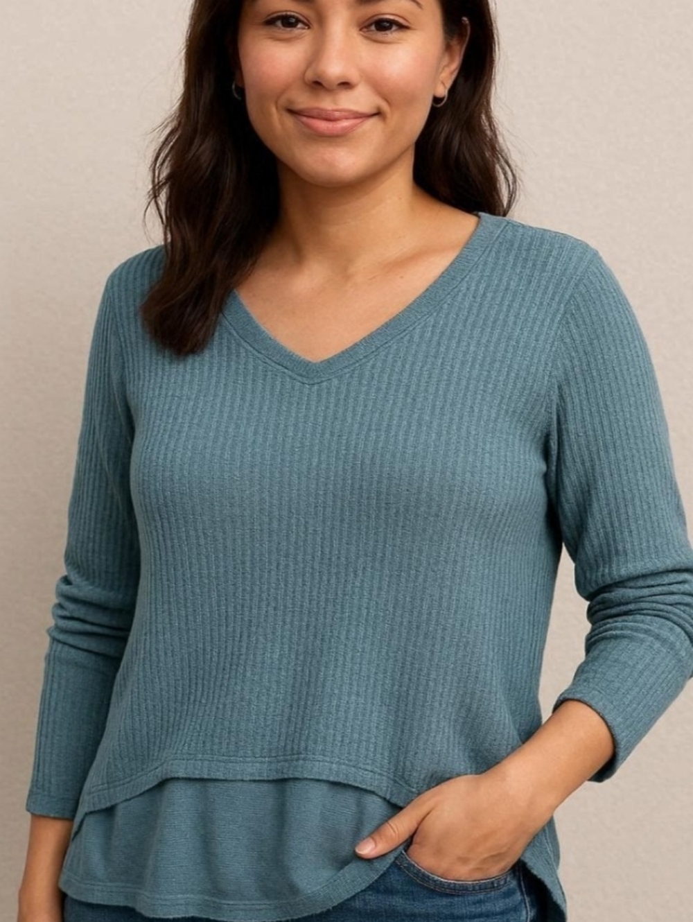 Z SUPPLY THERMAL/WAFFLE KNIT LONG SLEEVE TOP . SIZE LARGE. TEAL.